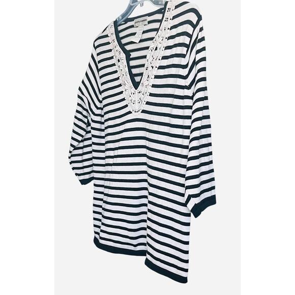 CATHY DANIELS LONG SLV PULL-OVER V-NECK TOP, WOMENS, 1X, BLACK & WHITE STRIPES - Picture 5 of 11